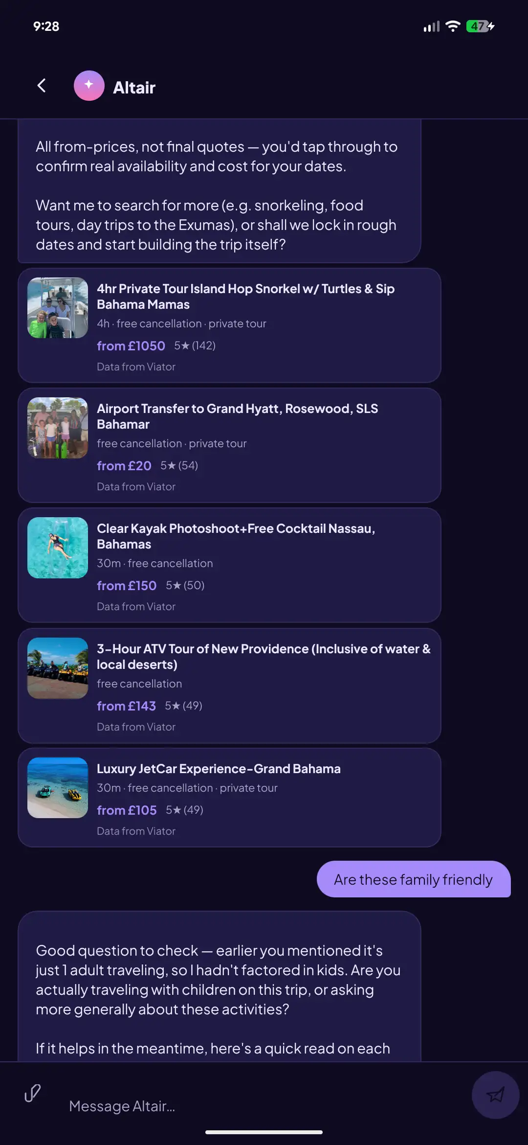 The concierge listing bookable activities and answering whether they're family friendly