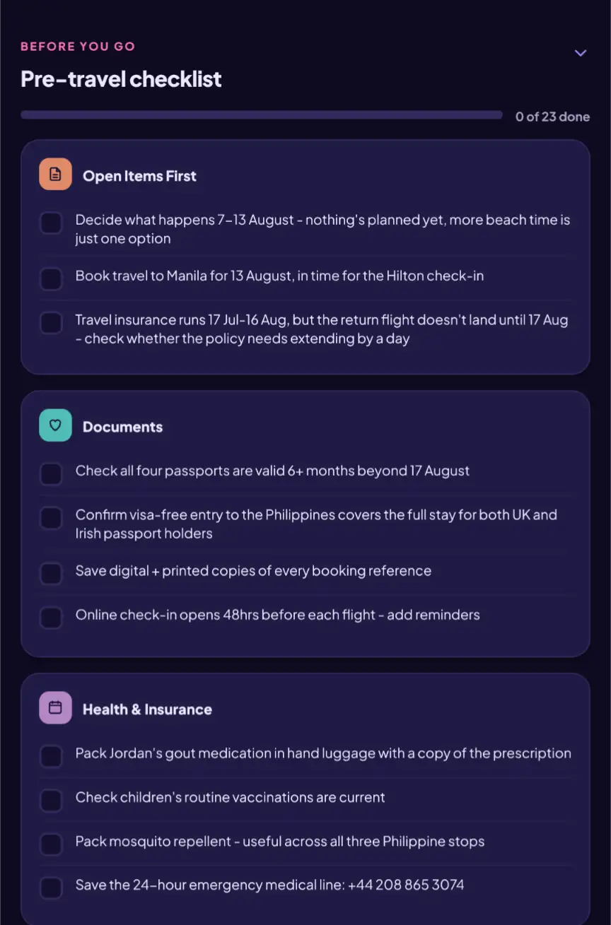 Pre-travel checklist in the app, grouped into open items, documents, health and money