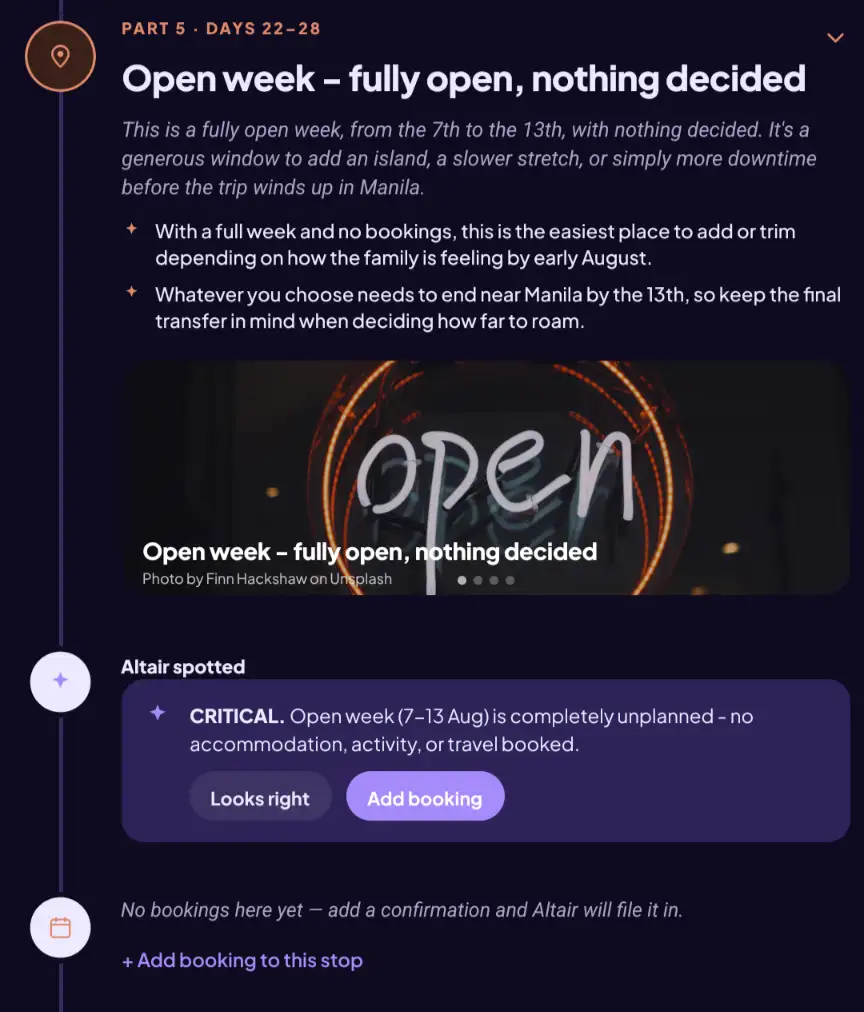 Altair spotted card flagging a fully unplanned open week, with an Add booking button