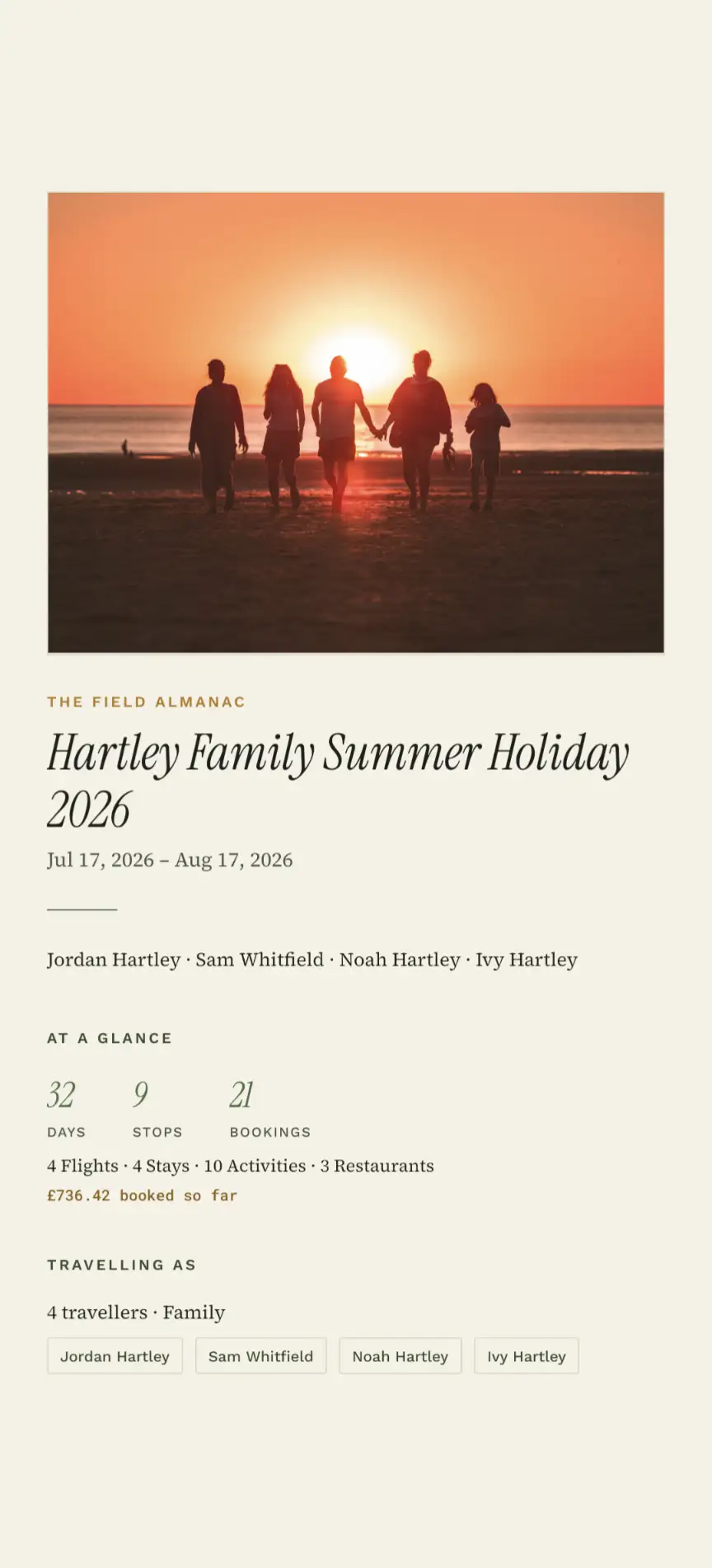 The Field Almanac brochure cover, with the trip name, dates and travellers
