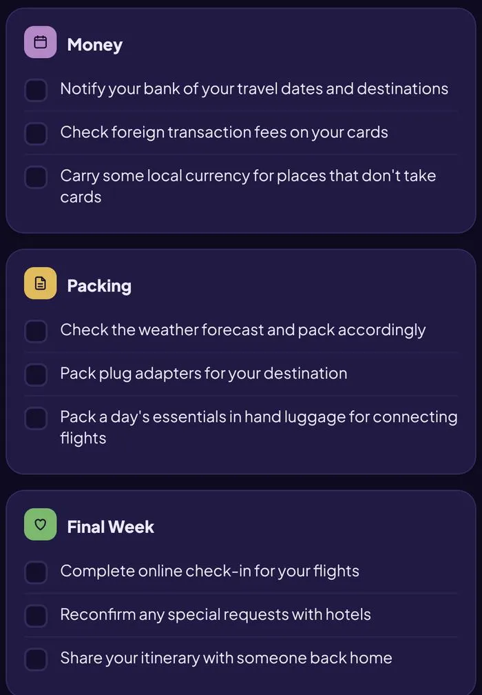 Pre travel checklist covering money, packing and the final week