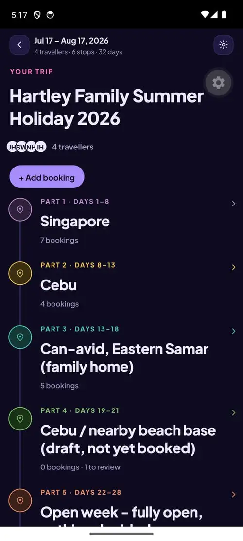 A family trip in the app, broken into six stops across 32 days, each with its date range and booking count